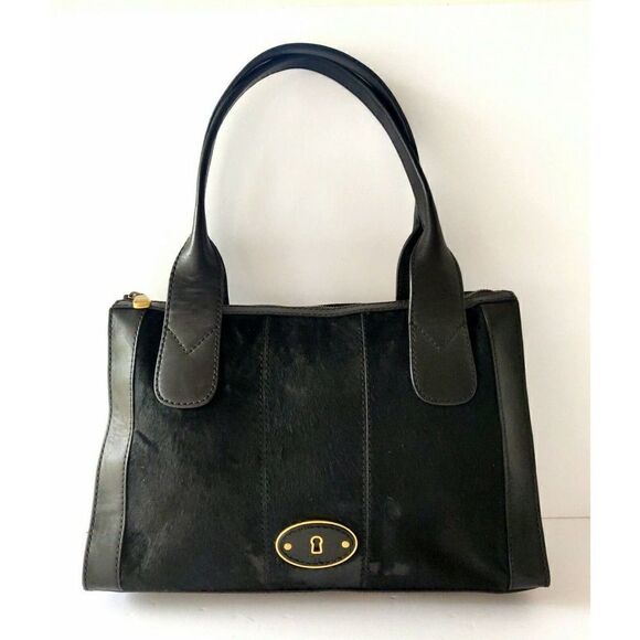 FOSSIL REISSUE BLACK HAIR ON HIDE GENUINE LEATHER TOTE SHOULDER BAG HANDBAG - Picture 1 of 10